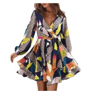 Viral Amoretu Long Sleeve V Neck Flowy Aline with Tie or Shift Dress, Size Large